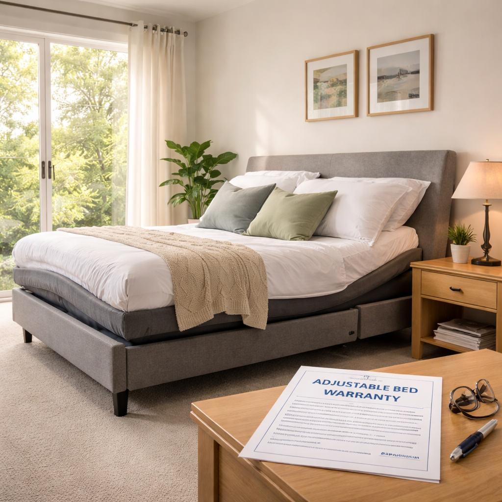 A photorealistic scene of an Australian bedroom with an electric adjustable bed, a visible warranty document on a nightstand, and soft natural light streaming through a window. Alt: electric adjustable bed warranty australia realistic image.