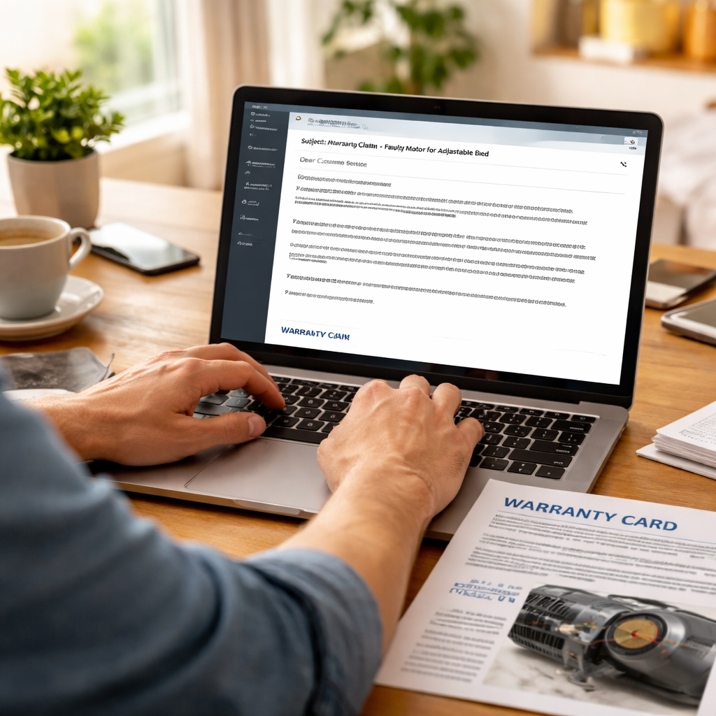 A photorealistic scene of a person sitting at a laptop, filling out a warranty claim email for an electric adjustable bed, with a printed warranty card and a photo of a faulty motor on the desk, bright Australian home lighting. Alt: electric adjustable bed warranty australia claim process visual.