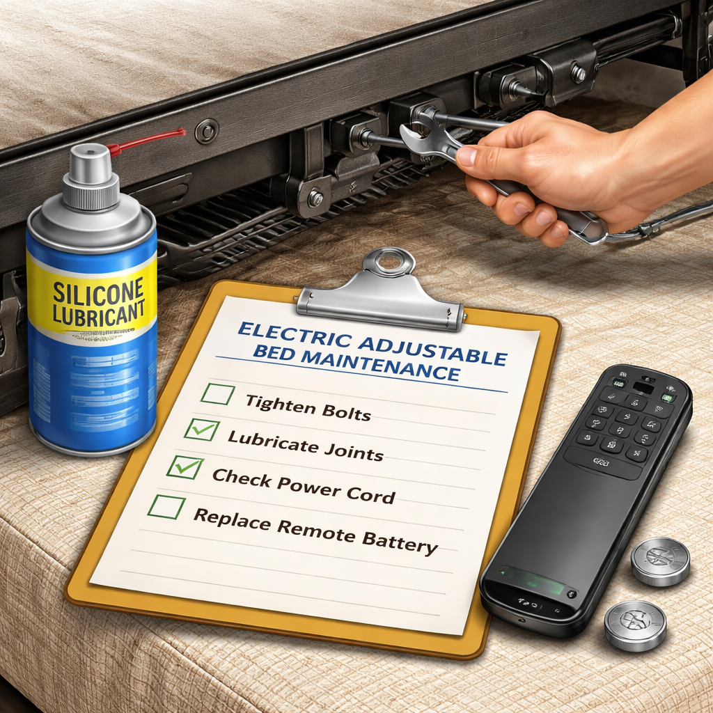 A realistic illustration of a maintenance checklist for an electric adjustable bed, showing a hand tightening bolts, a spray bottle for lubrication, and a coin cell battery beside a remote. Alt: electric adjustable bed maintenance steps