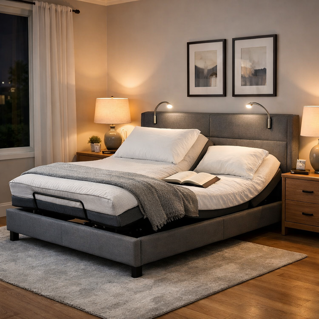 A realistic rendering of a modern bedroom showing an electric adjustable bed with a built‑in reading light on the headboard, soft ambient lighting, and a clean, spacious layout. Alt: electric adjustable bed with built‑in reading light australia in a contemporary bedroom setting.
