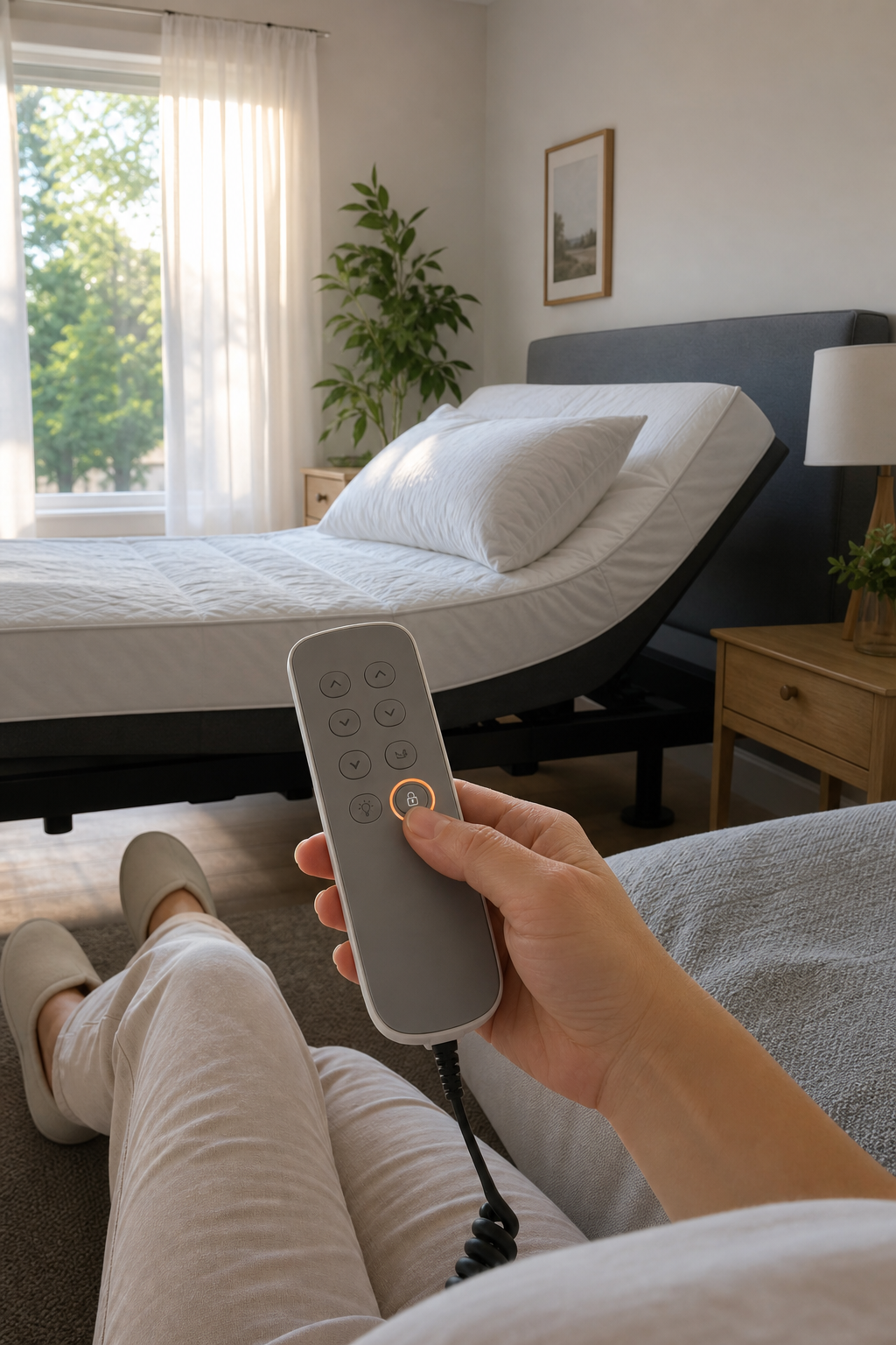 A realistic scene of a bedroom with an electric adjustable bed, remote control in hand, soft morning light, showing the child‑lock button highlighted on the remote. Alt: electric adjustable bed child lock operation in Australian bedroom