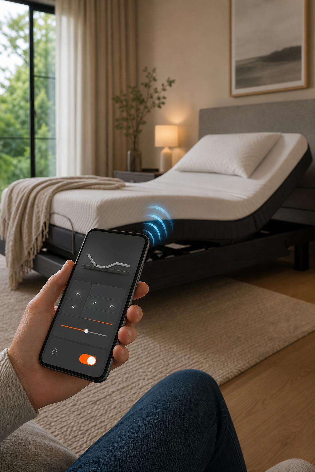 A realistic illustration of a hand holding a smartphone showing the Sleep Sophie app interface, with Bluetooth waves connecting to an adjustable bed in a modern bedroom. Alt: smartphone app controlling electric adjustable bed with child lock in Australia