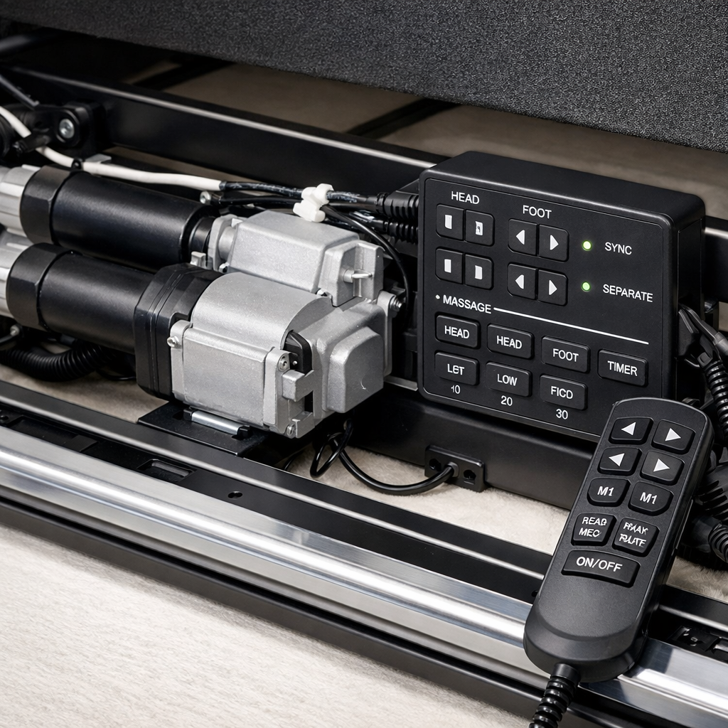 A realistic close‑up of an electric adjustable bed’s motor and control panel, showing clean tracks and a handheld remote beside it. Alt: maintenance of dual control bed