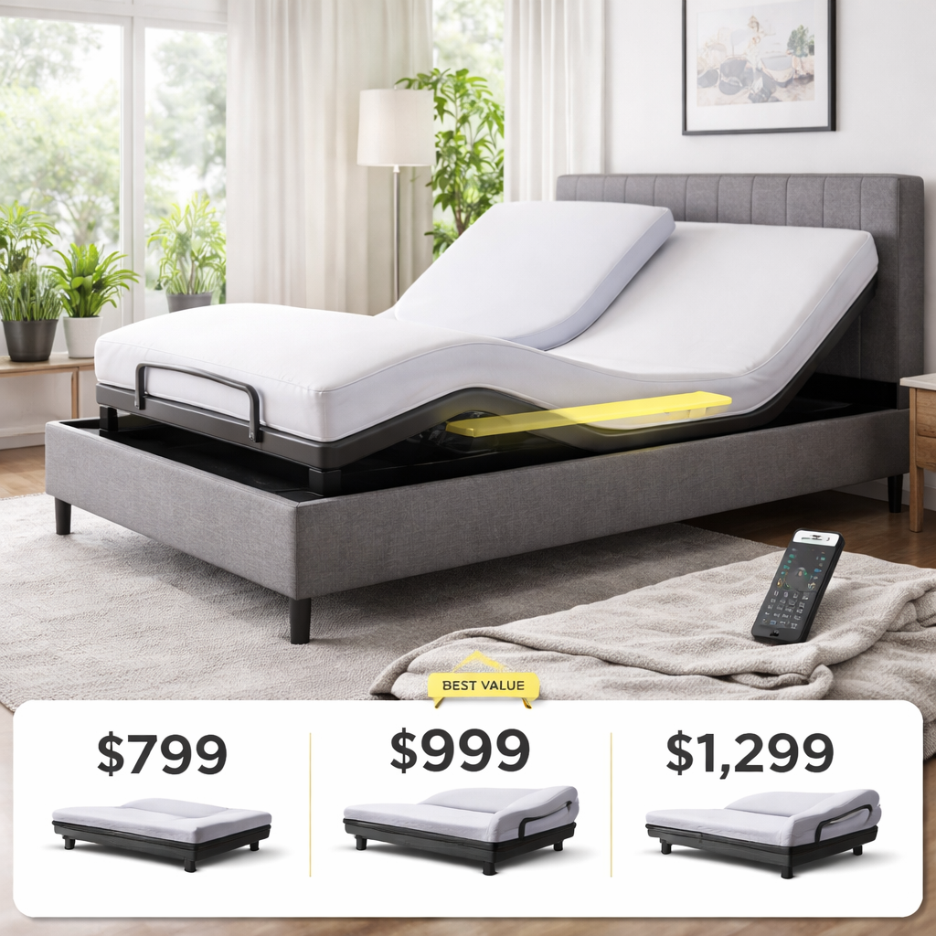 A realistic bedroom scene showing an electric adjustable bed with a remote control, highlighting the lumbar support bar. Alt: electric adjustable bed with lumbar support price comparison image
