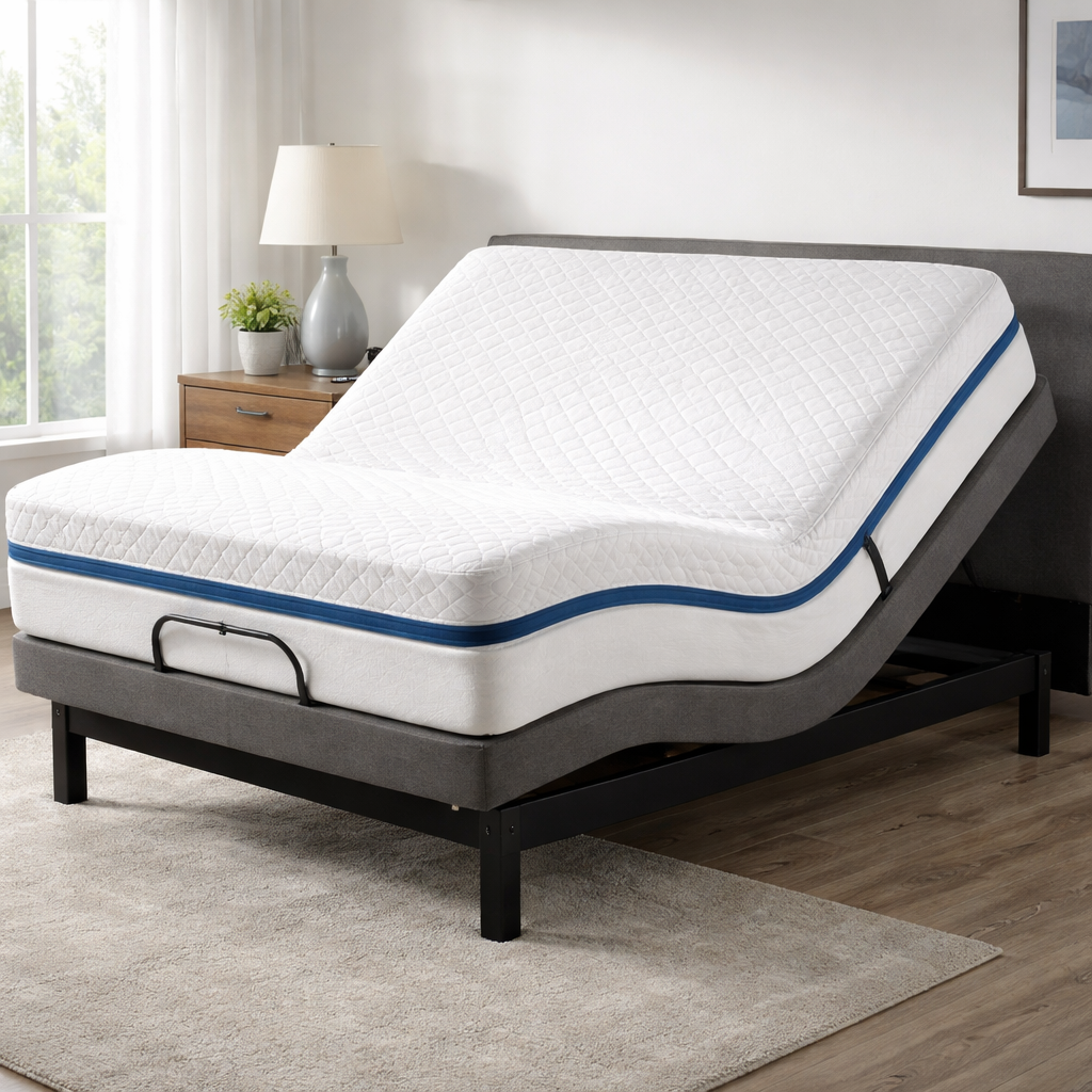 A realistic illustration of a memory foam mattress on an adjustable base, showing the flexibility needed. Alt: mattress compatibility with electric adjustable bed