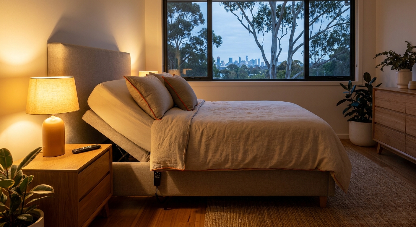 A photorealistic bedroom scene showing a modern electric adjustable bed with the head section raised, lit by warm bedside lighting in a well-furnished Australian home. Alt: electric adjustable bed with massage and heat function australia in a modern bedroom setting.