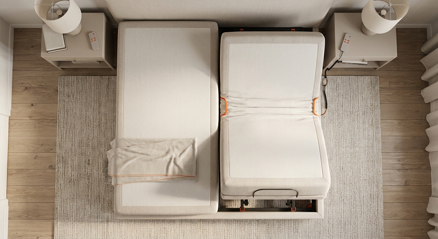 A top-down realistic illustration showing a split-king electric adjustable bed base with two separate mattresses in a spacious bedroom, highlighting the independent adjustment zones. Alt: split king electric adjustable bed base size comparison australia.