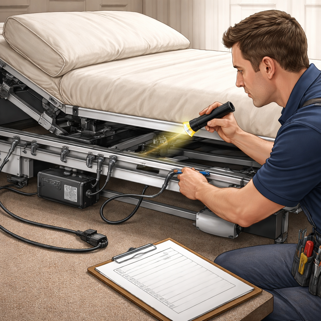 A realistic illustration of a technician inspecting an electric adjustable bed, focusing on bolts, tracks, and a power cord. Alt: electric adjustable bed maintenance and safety inspection