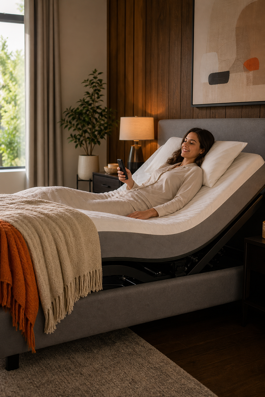 A photorealistic bedroom scene showing a modern electric adjustable bed with a person using a remote control to adjust the head position, warm natural lighting, comfortable bedding, and a peaceful atmosphere. Alt: Electric adjustable bed with massage in a well-decorated bedroom.