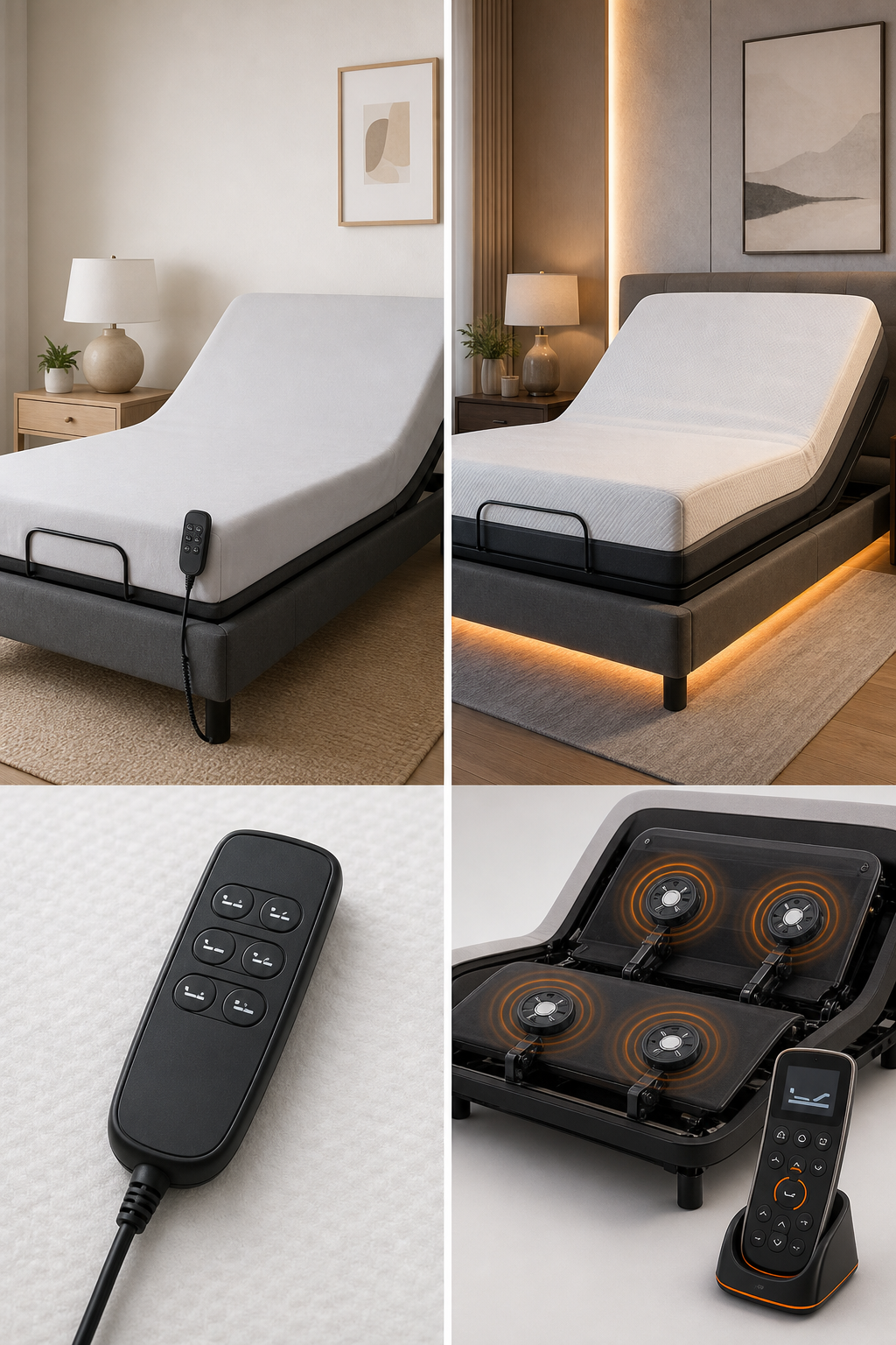 A split-screen comparison illustration showing an entry-level bed with basic remote on the left and a premium bed with advanced wireless remote and massage motors on the right, clean white background. Alt: Price tier comparison of electric adjustable beds with massage features.