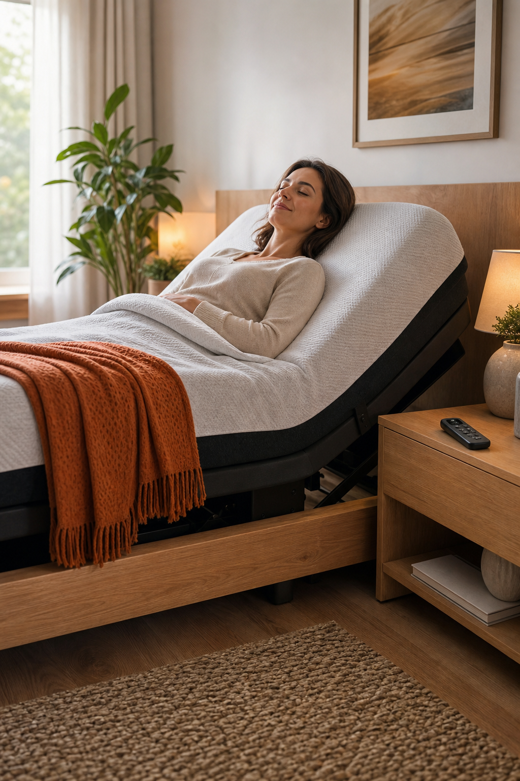 A photorealistic bedroom scene showing a modern electric adjustable bed with a wireless remote on the nightstand, warm lighting, natural wood furniture, and a person resting comfortably with the head of the bed improved. Alt: electric adjustable bed with remote price factors Australia.