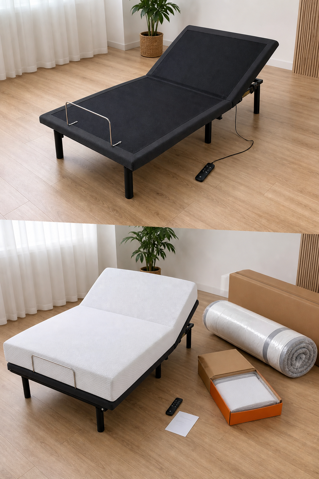 A photorealistic flat-lay comparison showing two contrasting adjustable bed setup scenarios , one with just a bare frame and a remote, another with a mattress, warranty card, delivery packaging, and remote , arranged on a light timber floor to illustrate what's included in different price tiers. Alt: what is included in electric adjustable bed price Australia.