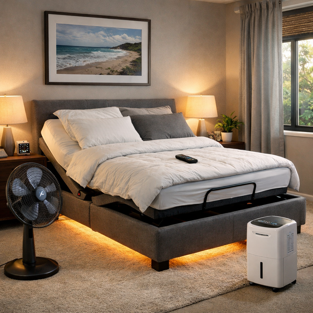 A realistic bedroom showing an electric adjustable bed with a fan, LED strip lighting, and a dehumidifier nearby. Alt: optimizing sleep environment for Australian climate