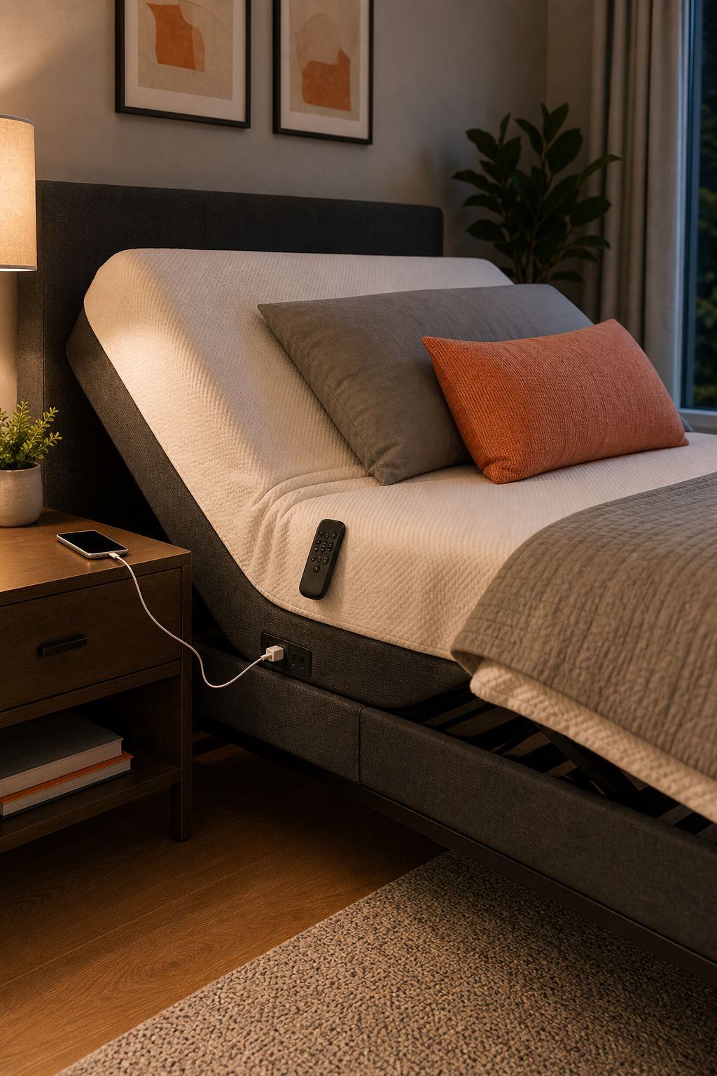A realistic bedroom scene showing an electric adjustable bed with a remote control and a smartphone charging on the side table via a USB port built into the bed frame. Alt: electric adjustable bed with USB ports charging phone in bedroom