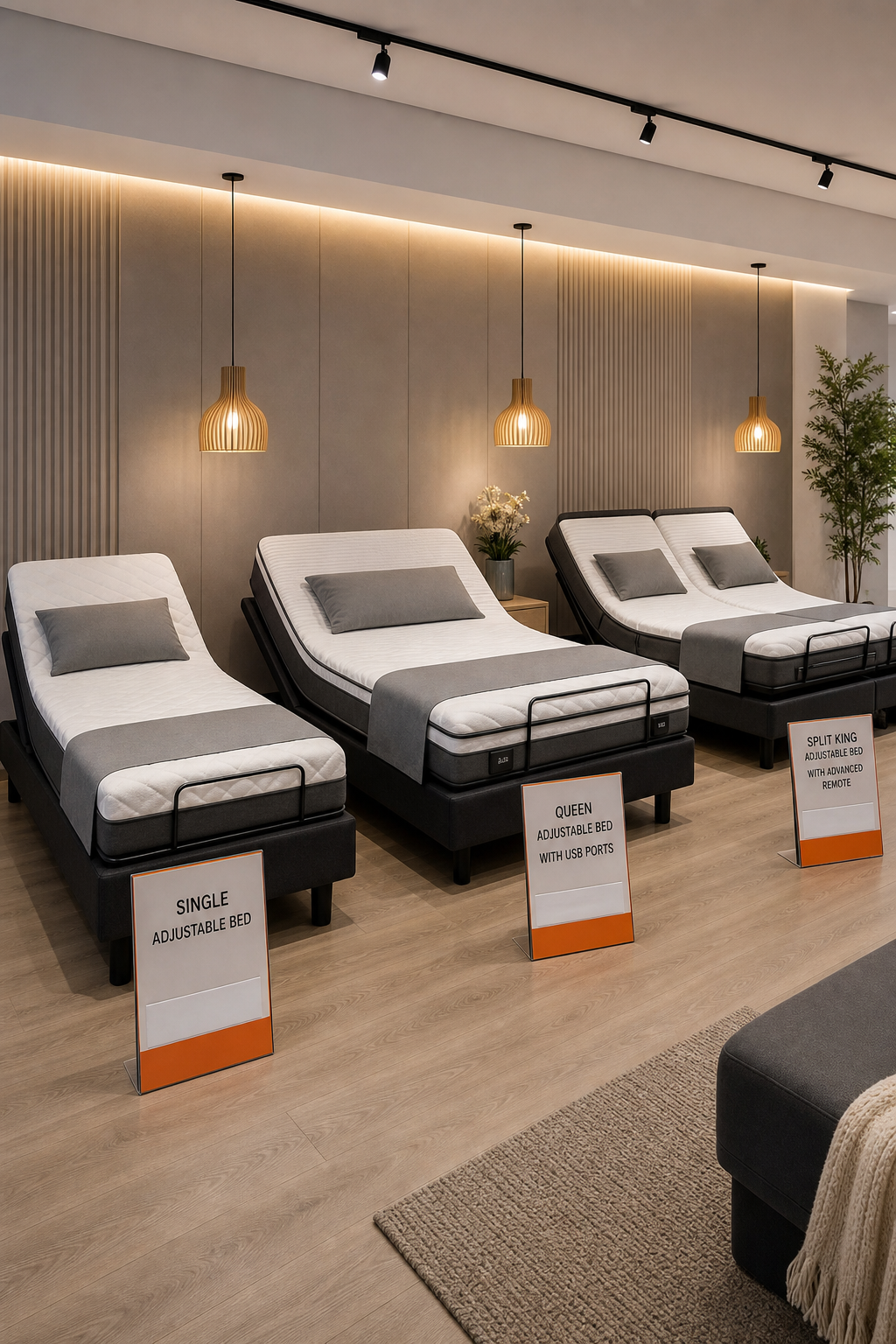 A realistic comparison scene showing three different adjustable bed models in a showroom with price tags displayed, one a basic single, one a queen with USB ports, and one a split king with advanced remote. Alt: adjustable bed price comparison different models Australian showroom