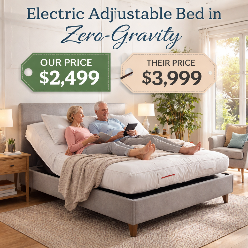 A photorealistic scene of a modern Australian bedroom showing an electric adjustable bed in zero‑gravity position, price tag overlay, soft morning light, appealing to seniors and caregivers. Alt: electric adjustable bed with zero gravity price comparison