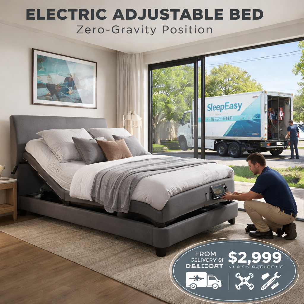 A photorealistic scene of a modern Australian bedroom with an electric adjustable bed in zero‑gravity position, a delivery truck parked outside, a technician adjusting the base. Alt: electric adjustable bed with zero gravity price and installation service illustration