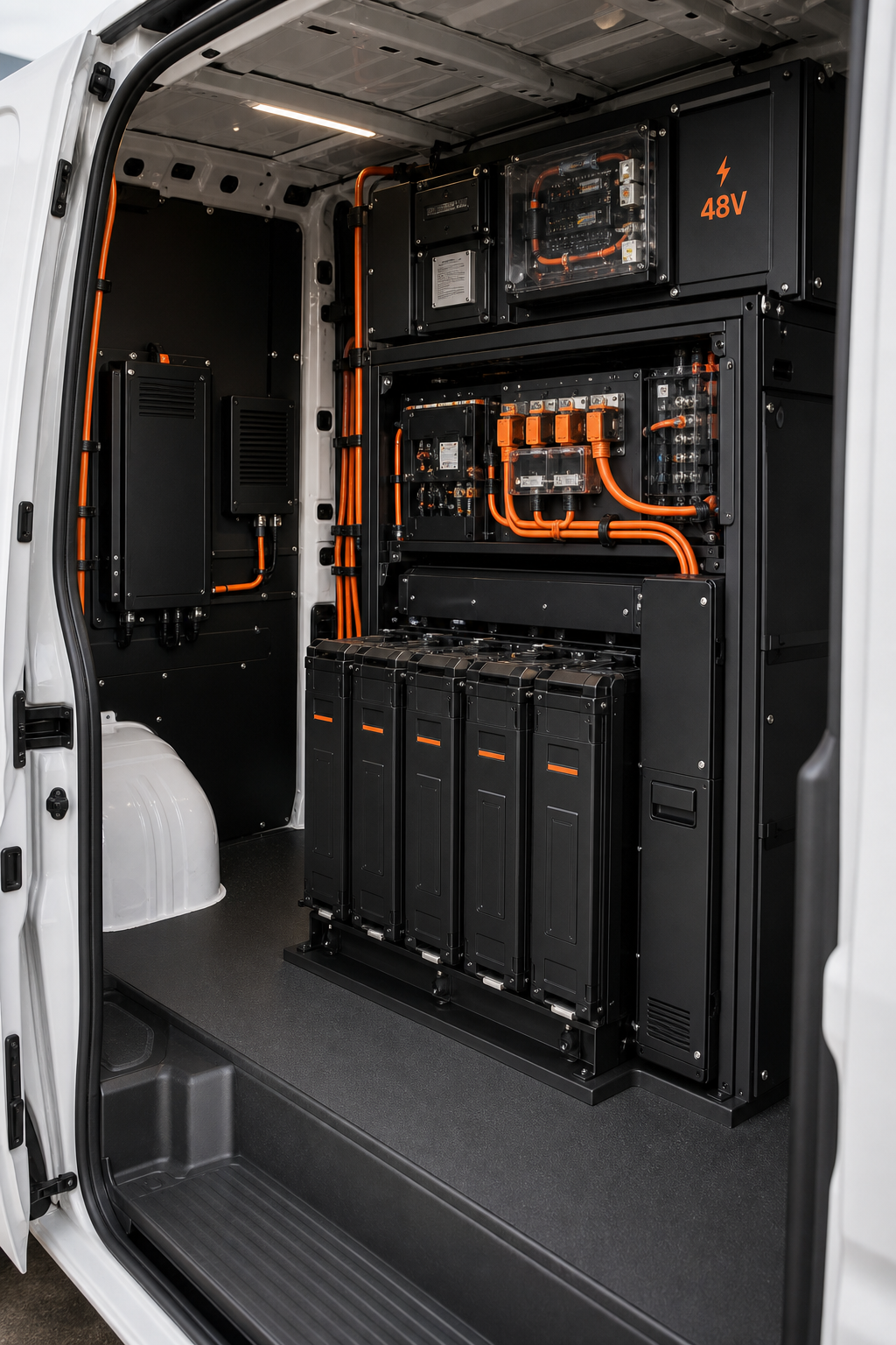 A realistic view of an electric cargo van interior fitted with a high‑performance battery integration kit, showing the 48 V bus and modular cabinet. Alt: High‑performance battery integration kit interior view