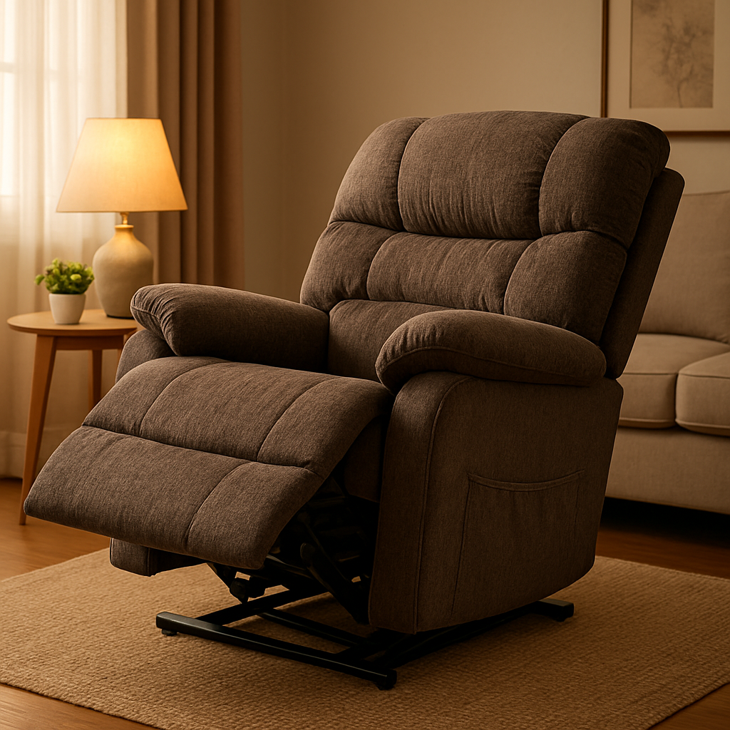 A comfortable electric lift recliner chair in a cozy living room setting with soft lighting, showing the chair's reclining angle and cushion detail. Alt: electric lift recliner chair comfort illustration.