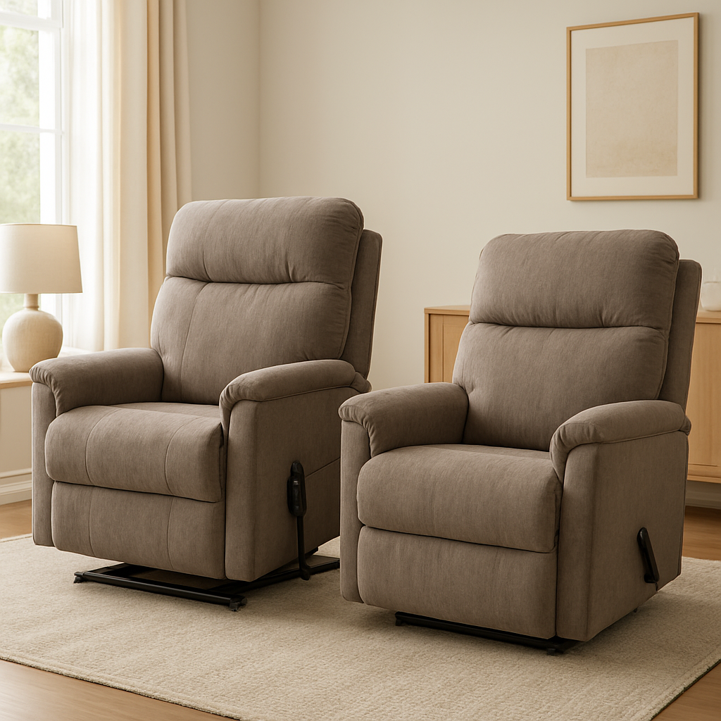 A modern living room featuring an electric lift recliner chair beside a manual recliner, highlighting the contrasting controls. Alt: Comparison of electric lift recliner chair and manual recliner chair in a home setting.
