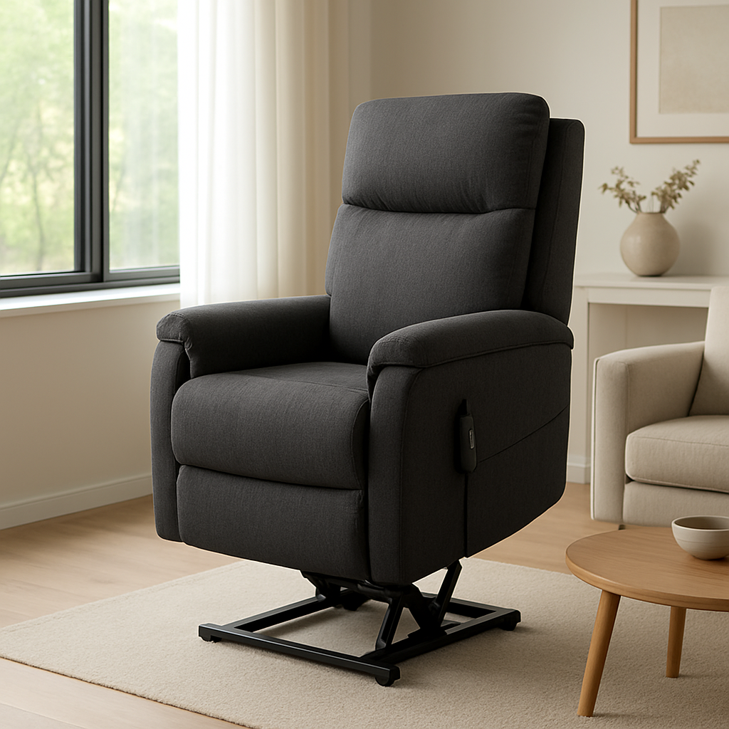 A modern living room with a sleek electric lift recliner chair positioned near a window, the seat set at an optimal height for a relaxed posture. Alt: Electric lift recliner chair set at comfortable height in living room