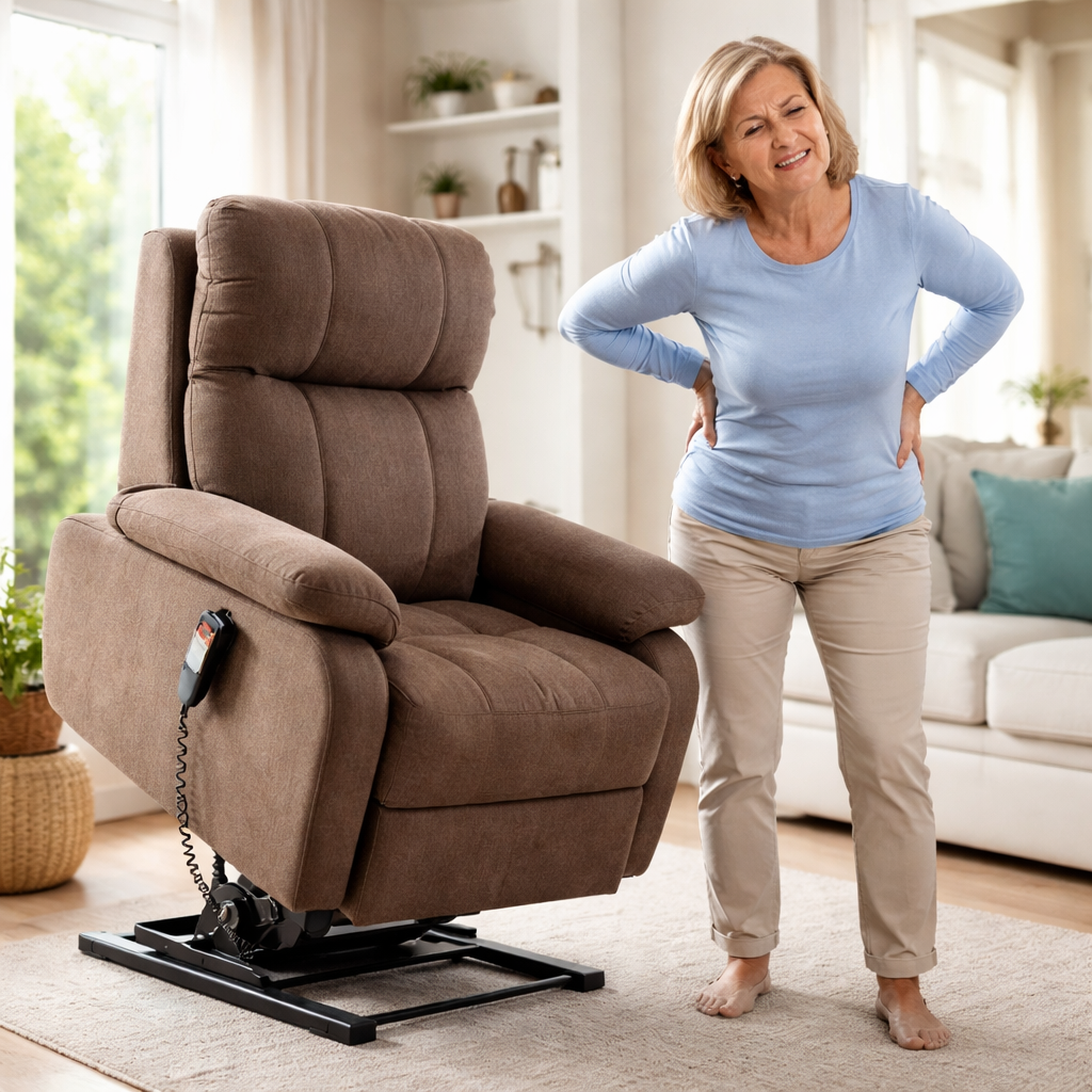 A photorealistic image related to electric-lift-recliner-chair-back-pain-australia. Alt: electric-lift-recliner-chair-back-pain-australia