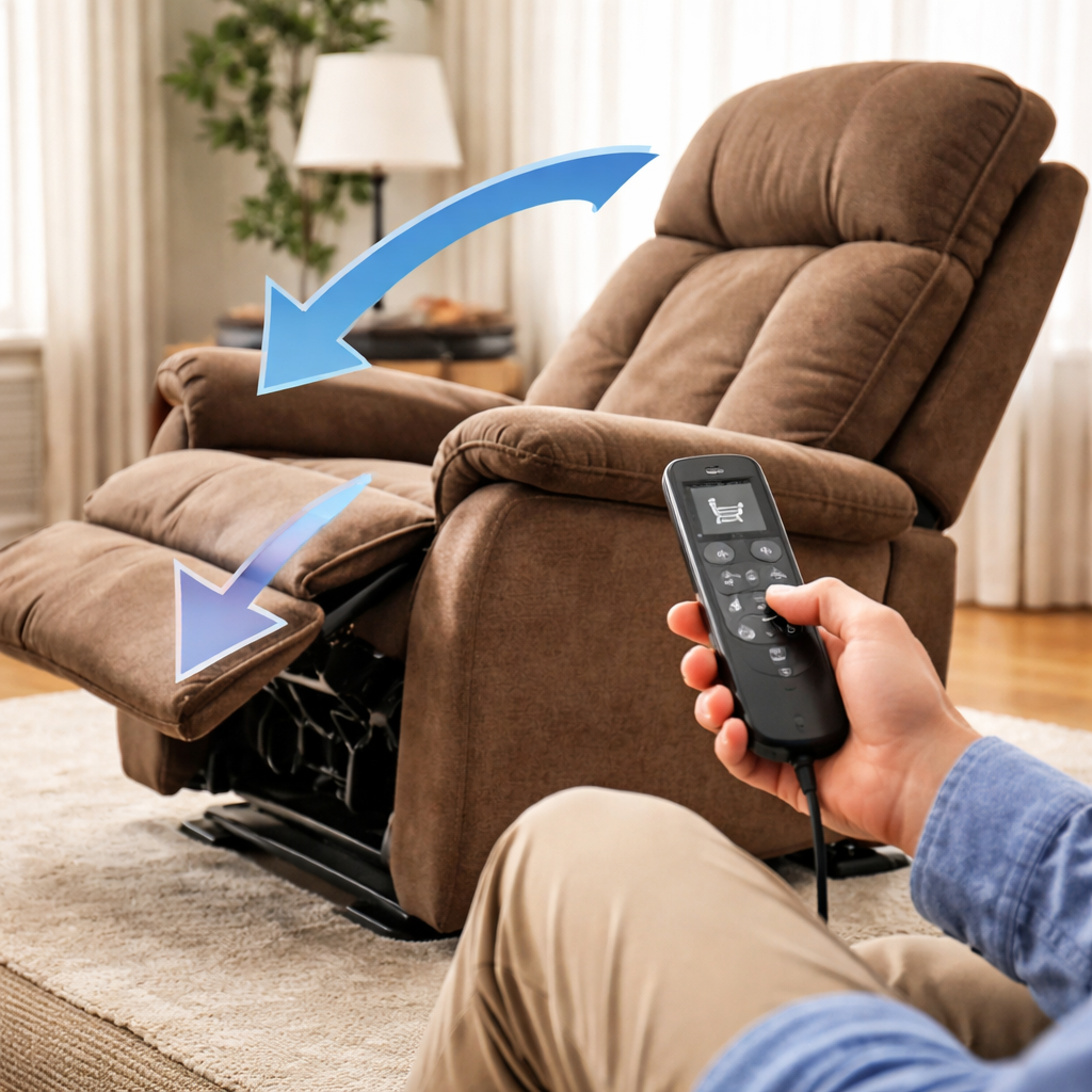 A realistic illustration of a person adjusting an electric lift recliner chair, showing hand on remote, backrest angle, and footrest position. Alt: electric lift recliner adjustment steps for back pain relief
