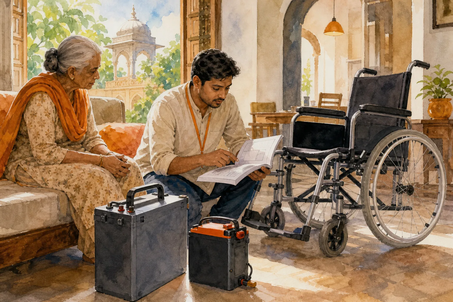 Lead-acid and lithium electric wheelchair battery types and specifications in India.