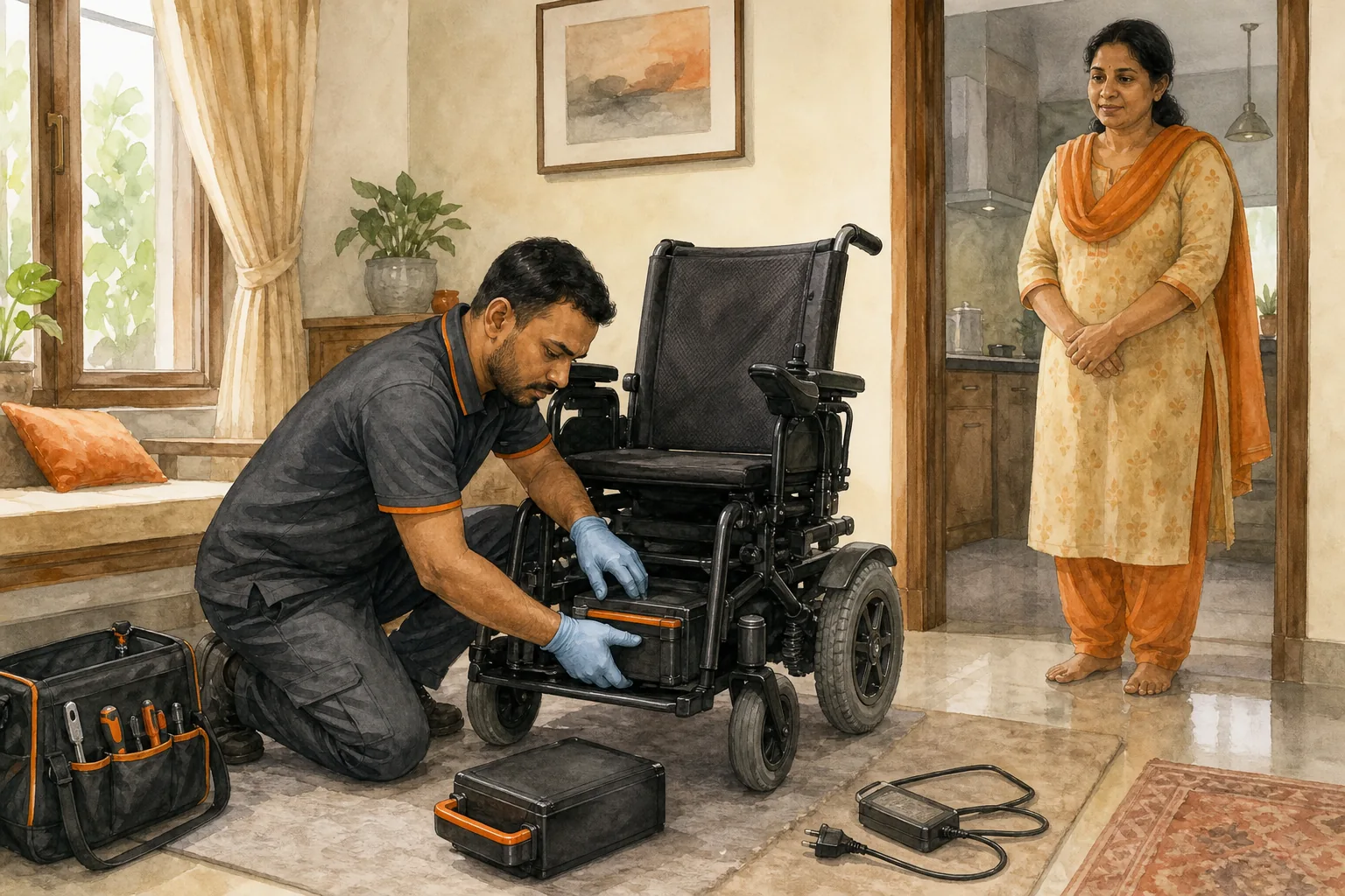 Safe electric wheelchair battery replacement by a technician in an Indian home.