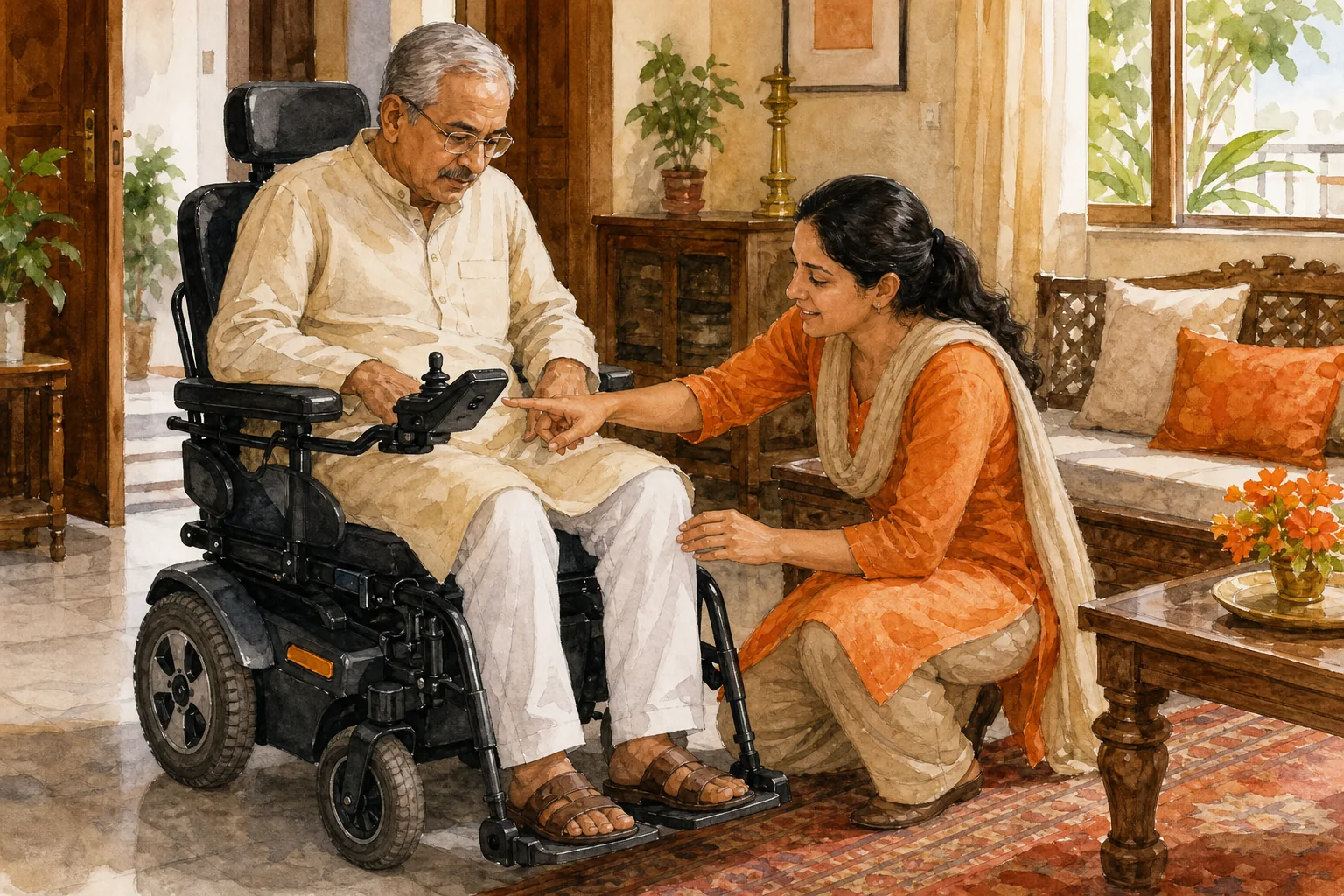 Family checking electric wheelchair features for a Delhi home rental.