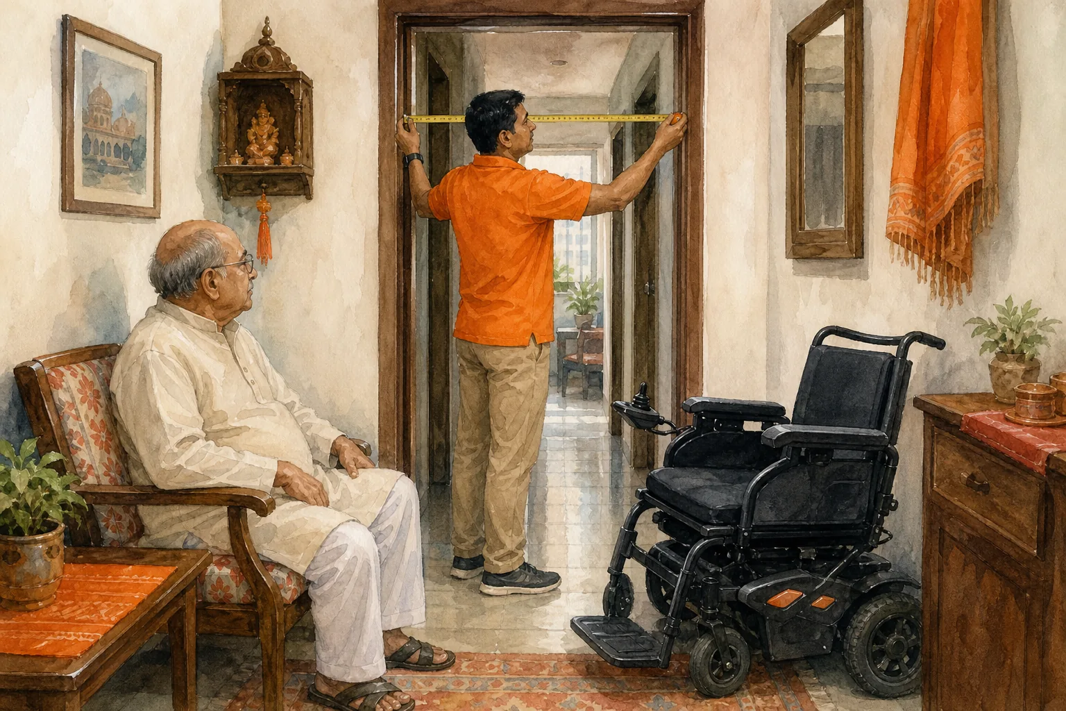 Caregiver checks doorway and room fit before electric wheelchair rental in Delhi.