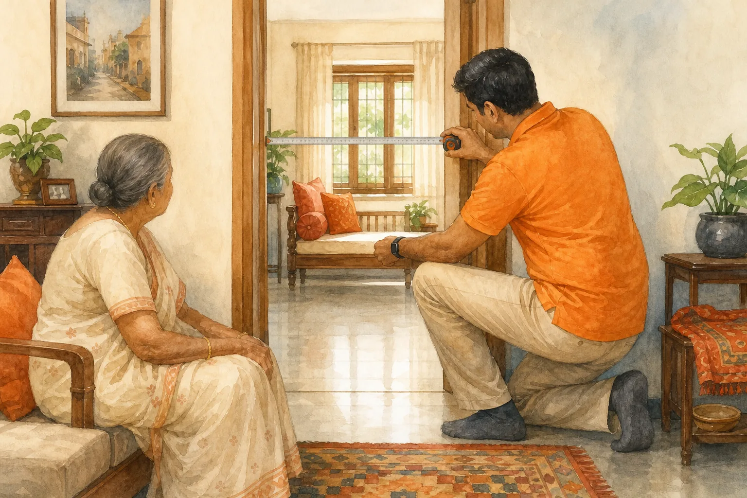 Caregiver checking home space and mobility needs before renting an electric wheelchair in India.