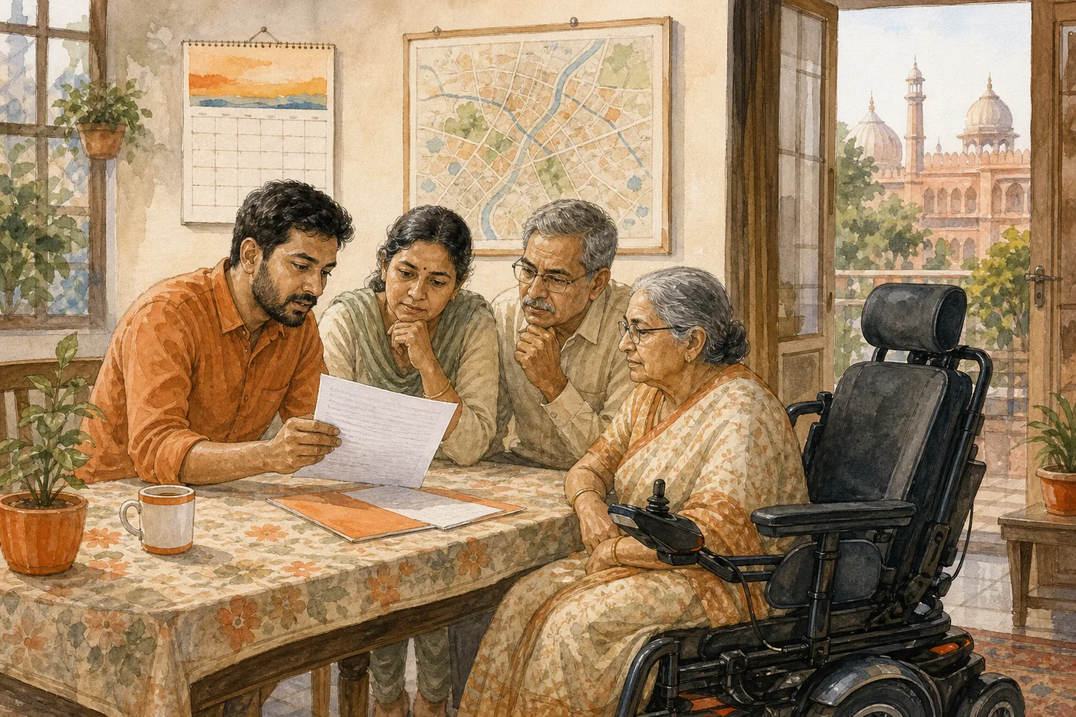 Family checking an electric wheelchair monthly rental quote for their Indian city.