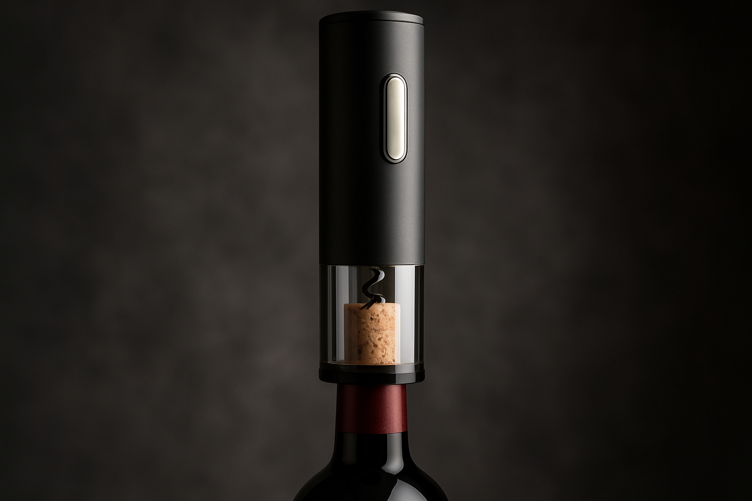 A sleek electric wine opener rechargeable device shown removing a cork from a bottle. Alt: Luxury electric wine opener rechargeable opening red wine bottle efficiently.
