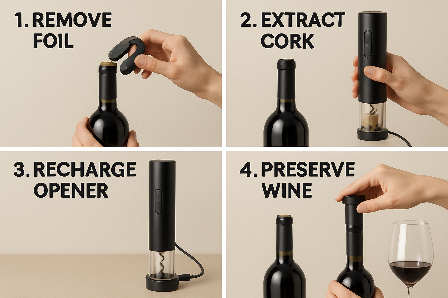 Demonstration step-by-step showing how to use an electric wine opener rechargeable, featuring foil cutting, cork extraction, and wine preservation. Alt: How to use an electric wine opener rechargeable guide.