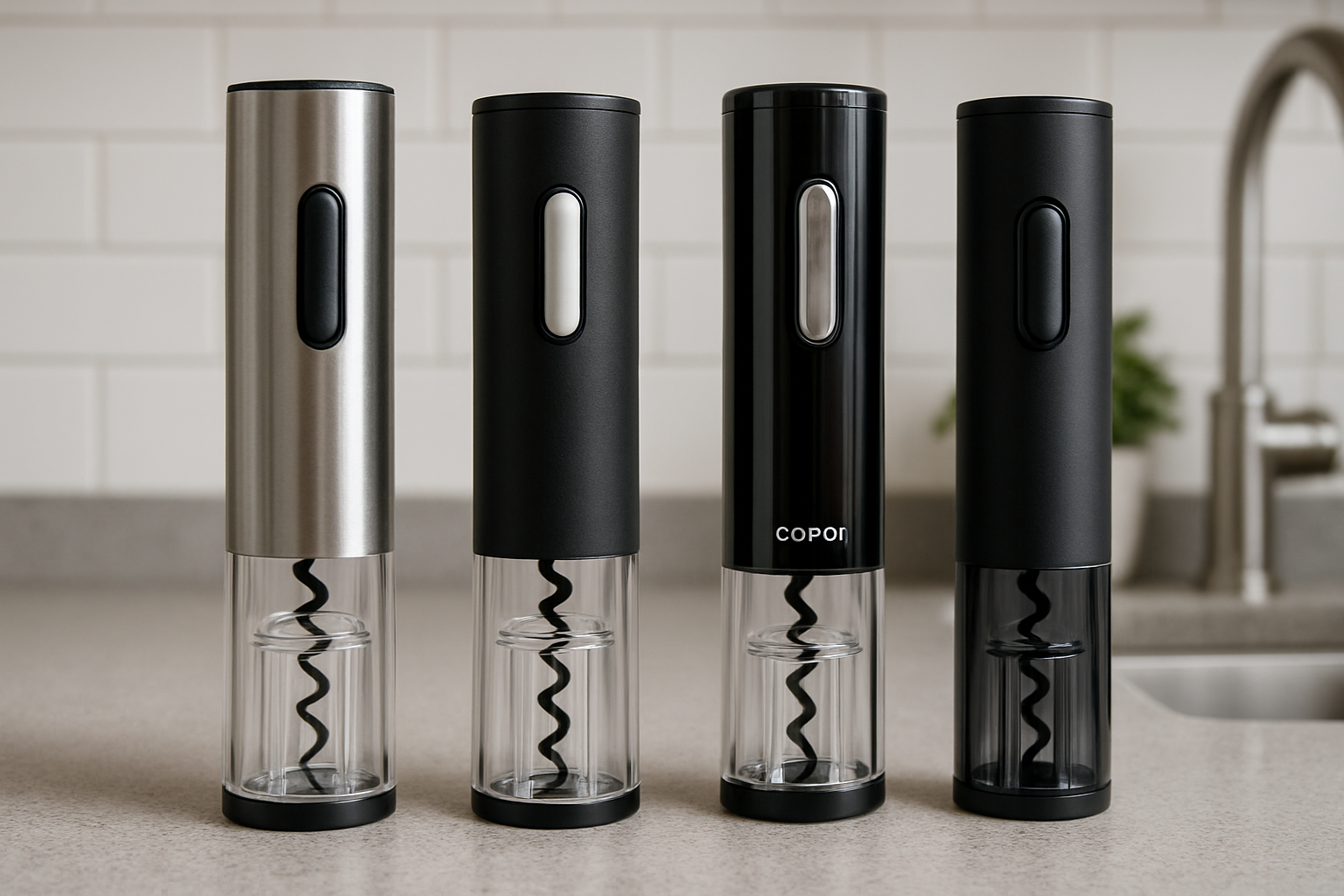 Close-up of various electric wine opener rechargeable models displayed on a kitchen counter. Alt: Different styles and brands of electric wine openers rechargeable.