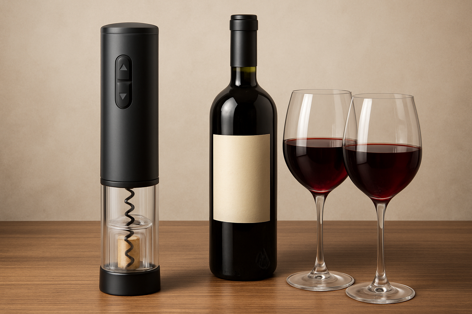 A digital illustration showcasing an electric wine opener rechargeable in action next to a bottle of wine and wine glasses. Alt: Modern electric wine opener rechargeable with wine and glasses setting.
