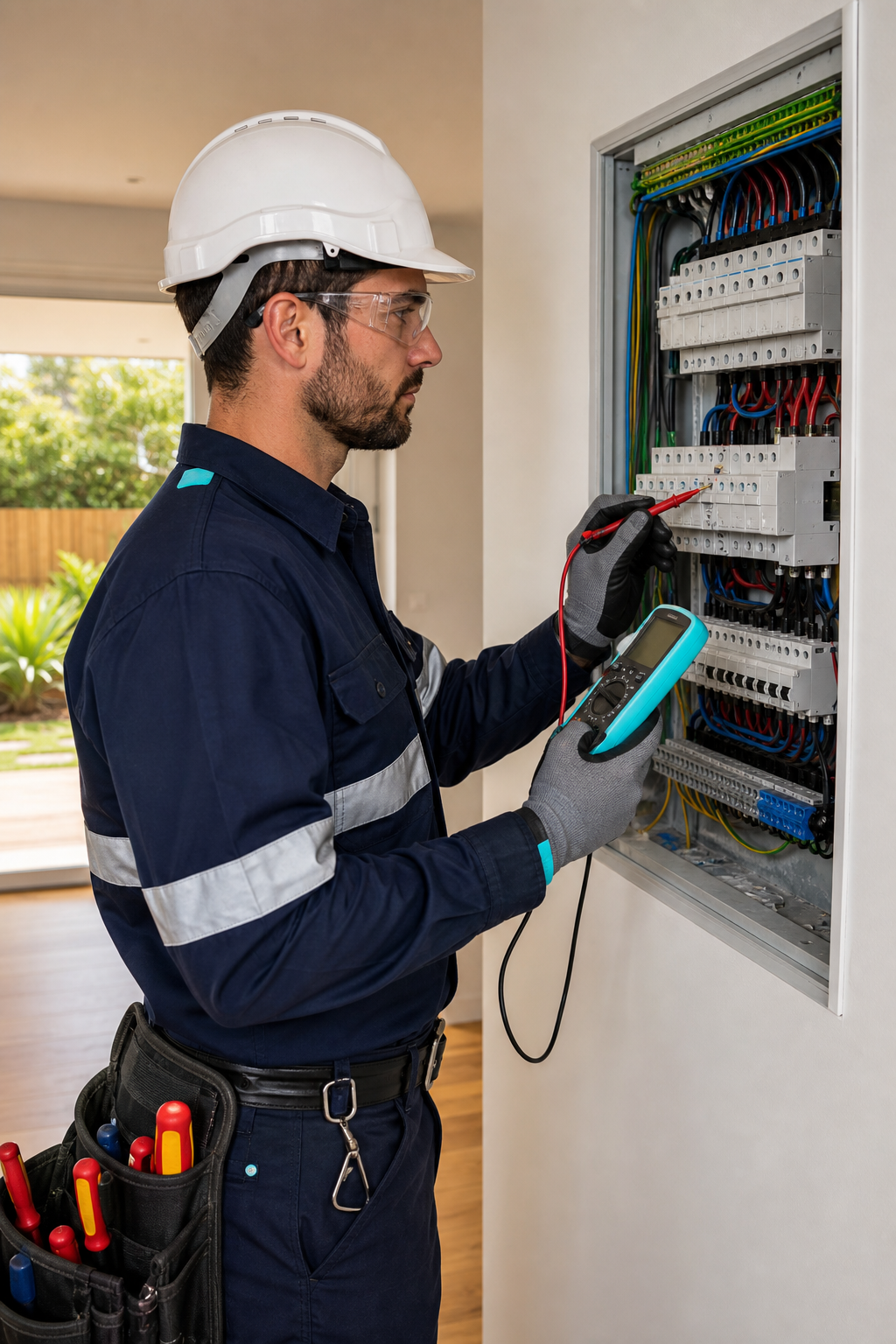 A photorealistic image of a licensed electrician using a multimeter to test an electrical panel in a suburban Australian home. The panel is open, showing neatly arranged circuit breakers. Light streams in from a nearby window. Alt: Electrical safety inspection cost factors: home size and panel condition.