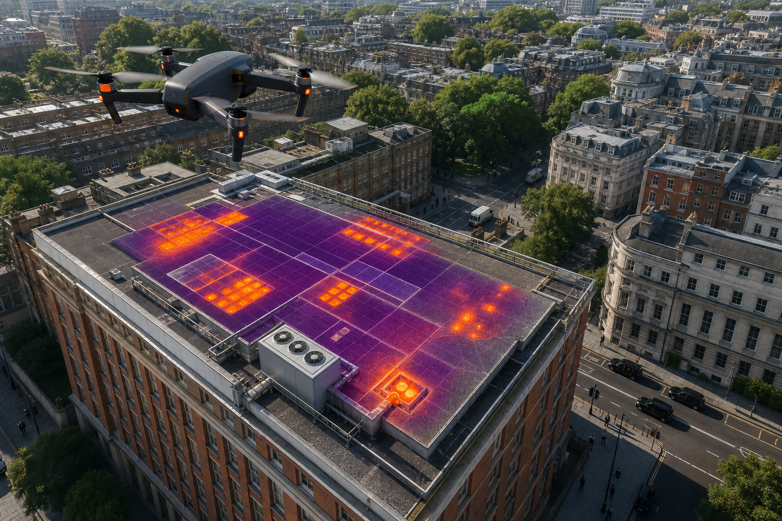 A realistic aerial view of a commercial building roof with a drone hovering, thermal overlay showing hot spots, high‑resolution RGB background, bright daylight, UK cityscape, realism style, alt: electrical thermal imaging survey on a roof