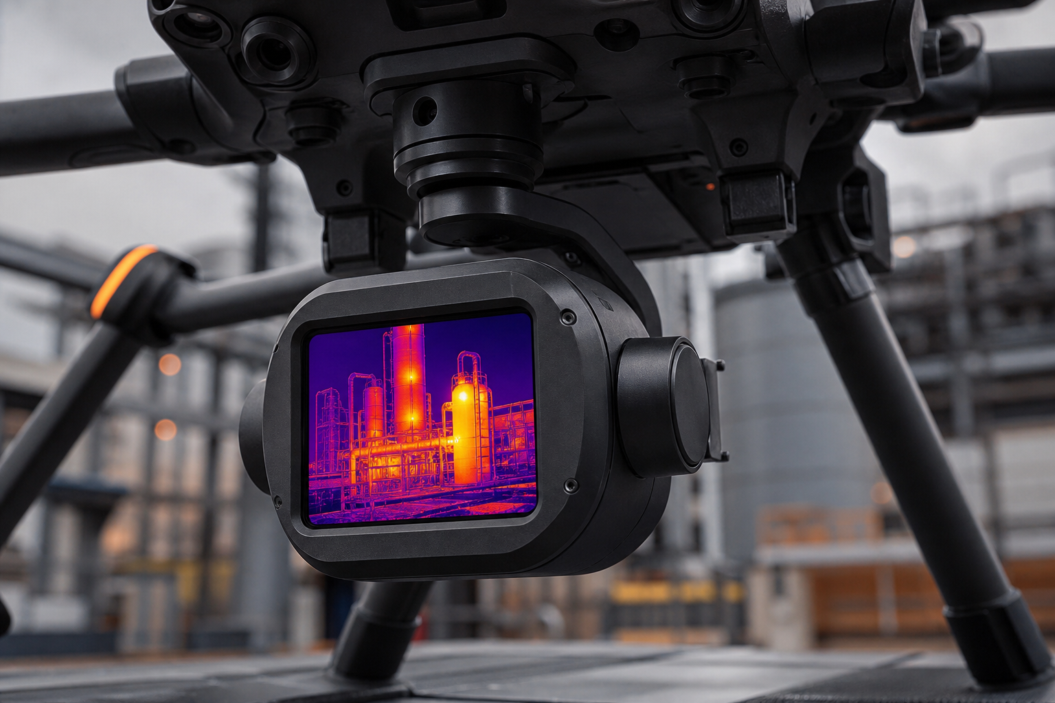 Close‑up of a drone’s thermal camera lens mounted on a gimbal, showing a radiometric image on the screen, industrial setting, realism style, alt: drone thermal camera preparing for inspection