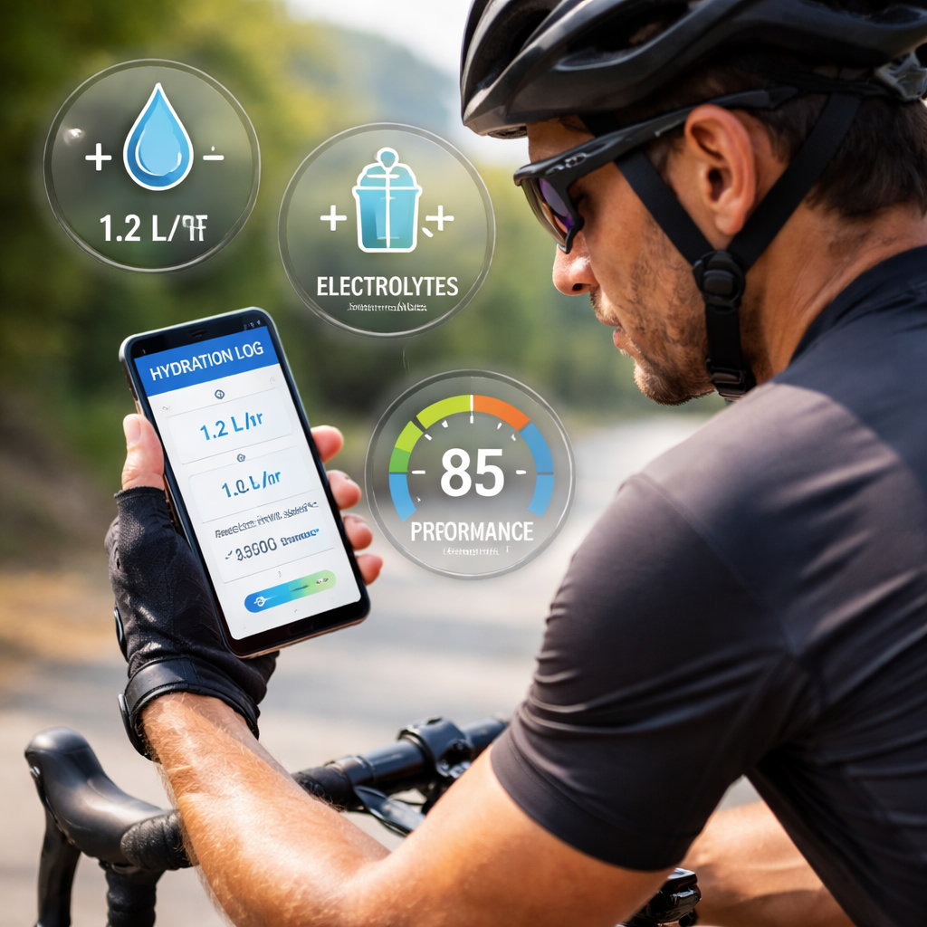 A photorealistic illustration of a cyclist checking a hydration log on a phone, with icons for sweat rate, electrolyte balance, and performance metrics. Alt: monitoring hydration and electrolytes while cycling