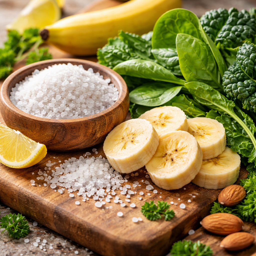 A photorealistic close‑up of natural electrolyte ingredients like sea salt crystals, potassium‑rich banana slices, and magnesium‑rich leafy greens on a wooden cutting board. Alt: seniors electrolyte powder ingredients illustration