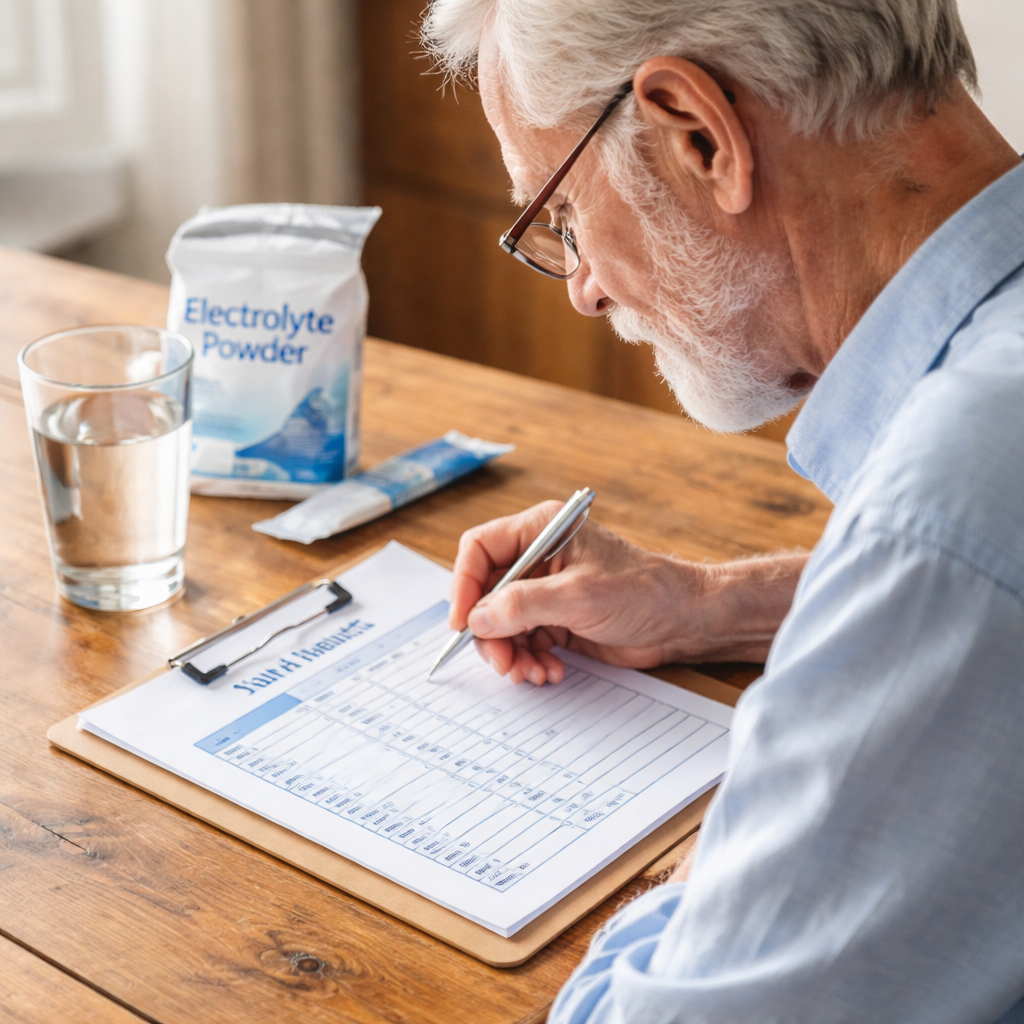 A photorealistic illustration of a senior checking a simple health log on paper, with a glass of water and a packet of powder beside it. Alt: monitoring electrolyte intake for seniors