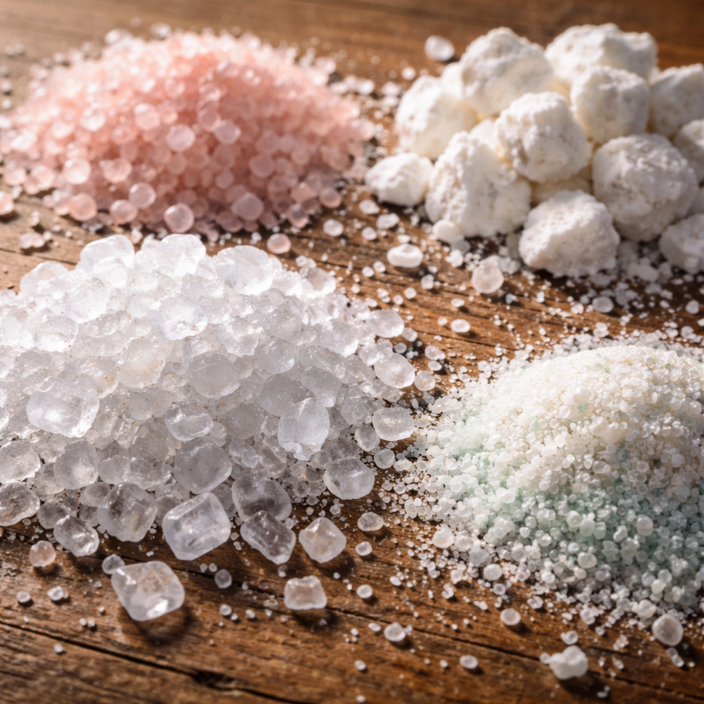A photorealistic close‑up of natural mineral crystals like sodium chloride, potassium chloride, magnesium citrate and calcium carbonate scattered on a wooden surface, with soft light highlighting the textures. Alt: natural electrolyte ingredients for powder