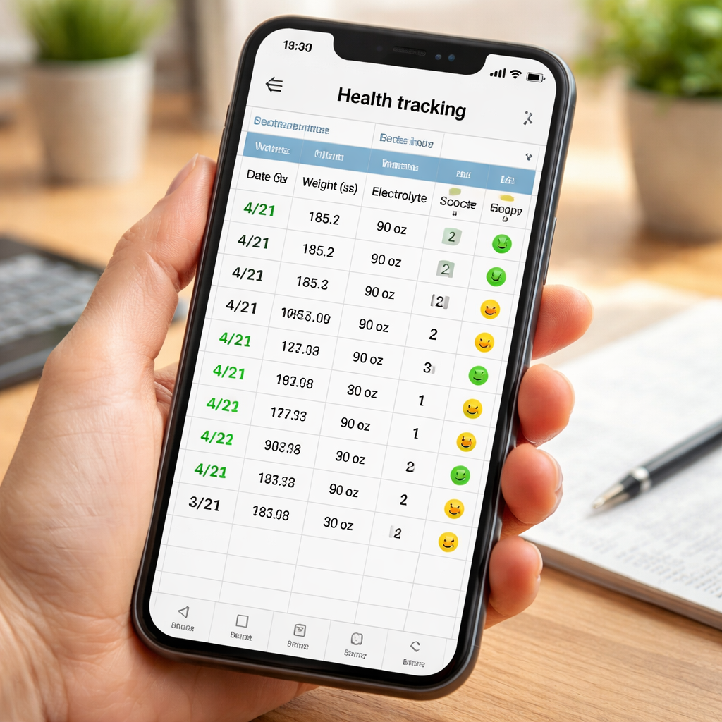 A photorealistic illustration of a hand holding a smartphone showing a spreadsheet with columns for weight, water, electrolyte scoops, and energy level. Alt: tracking electrolyte use for weight loss