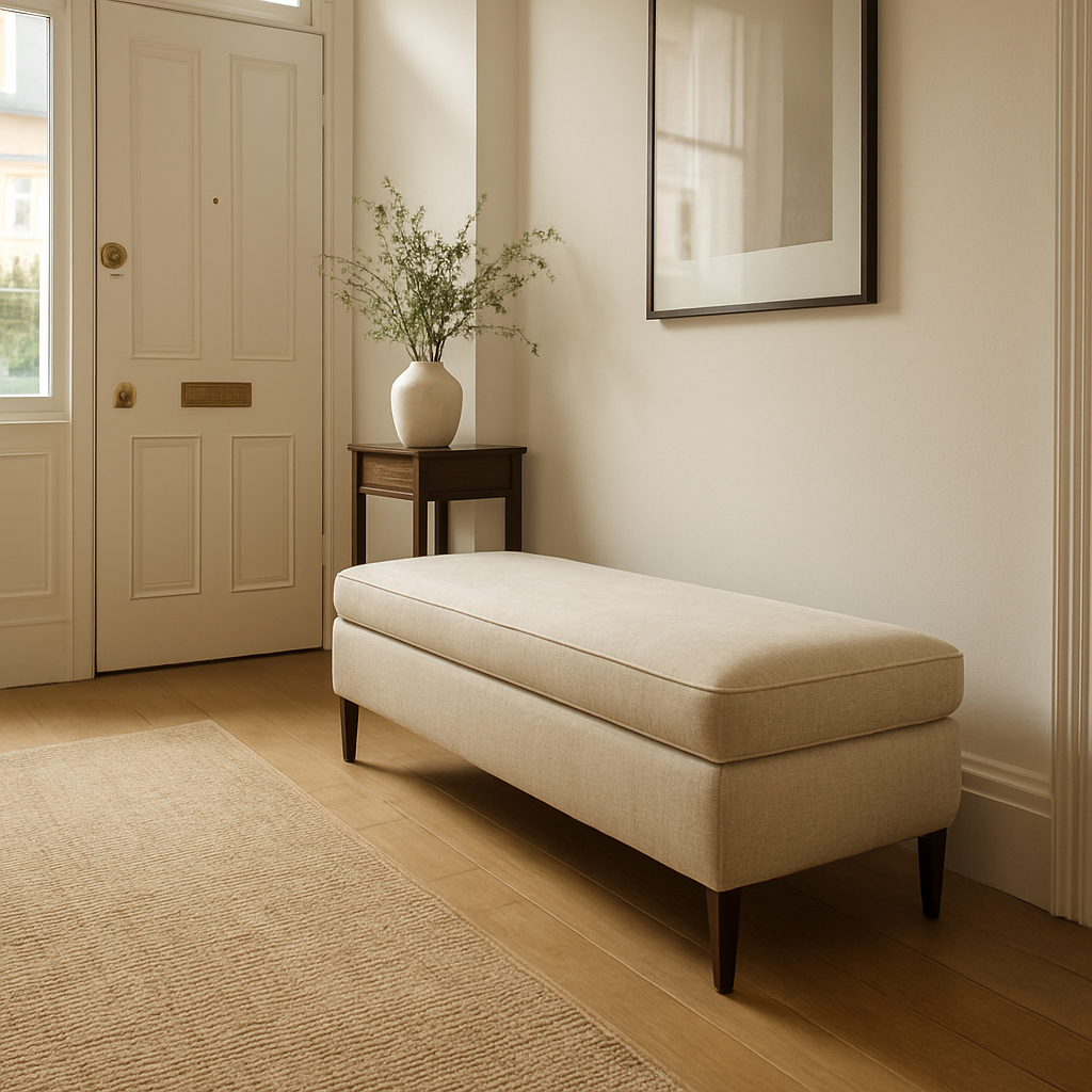 A well‑sized upholstered bench placed in a bright London hallway, showing balanced proportions and ample clearance around it. Alt: Properly sized bench in a modern UK entryway