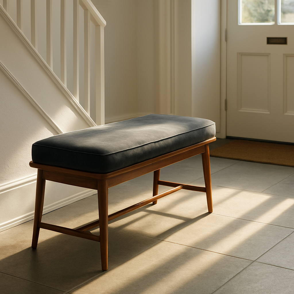 A sleek wooden bench with a velvet cushion placed in a bright, modern UK entryway, sunlight streaming across the polished surface, showcasing a well‑maintained bench that looks fresh and inviting. Alt: Well‑maintained bench in a stylish British foyer, highlighting clean lines and pristine condition.