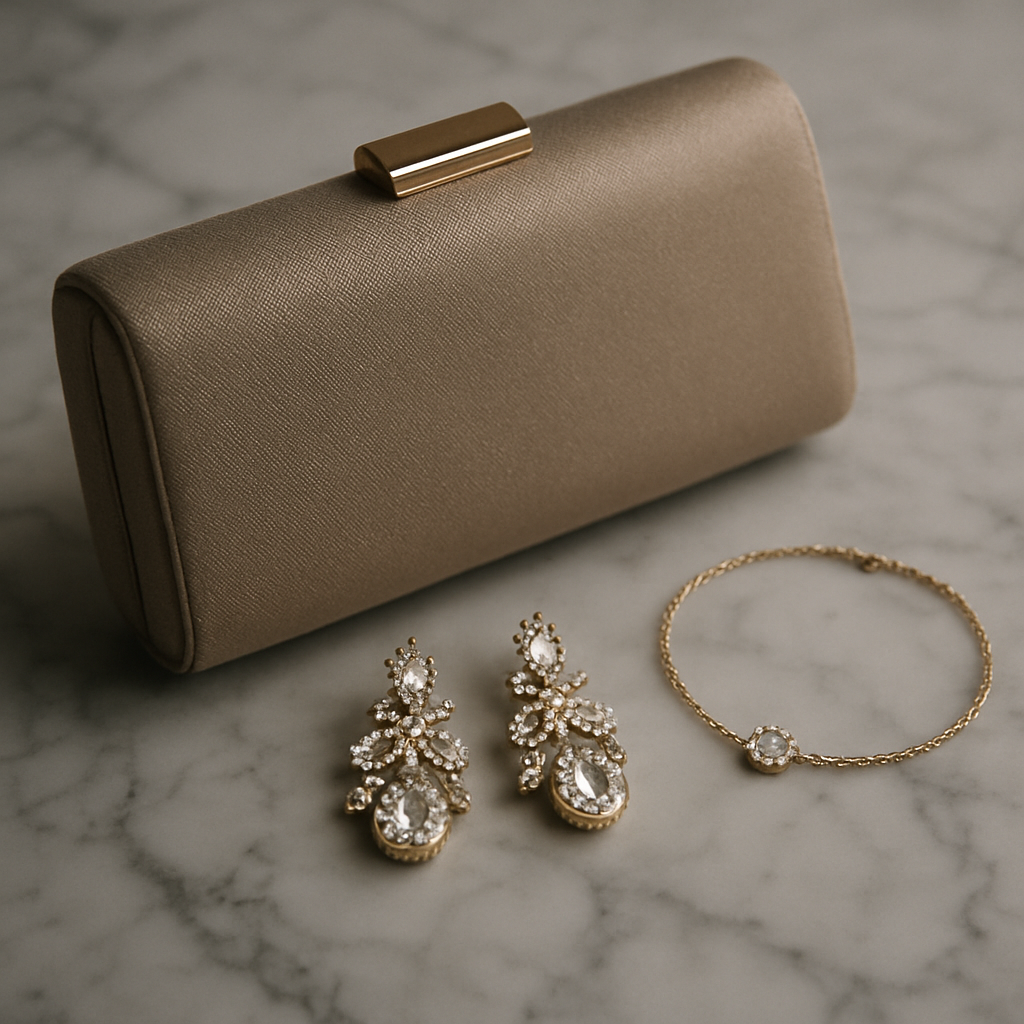 A close‑up of a stylish clutch, jeweled earrings and a delicate bracelet resting on marble. Alt: Statement accessories for designer dresses for wedding guests