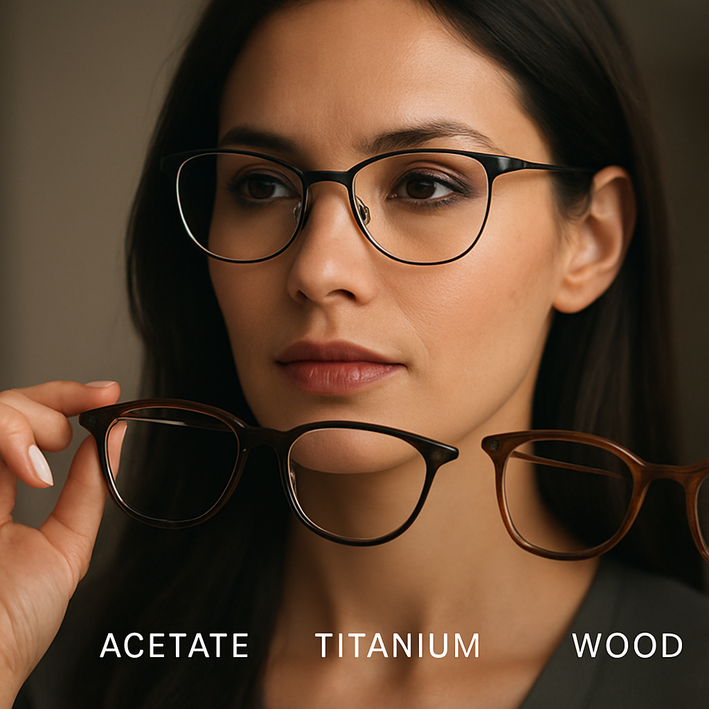 A close‑up of a woman trying on different designer eyeglasses frames, showing acetate, titanium, and wood styles side by side. Alt: Comparing frame materials for designer eyeglasses for women