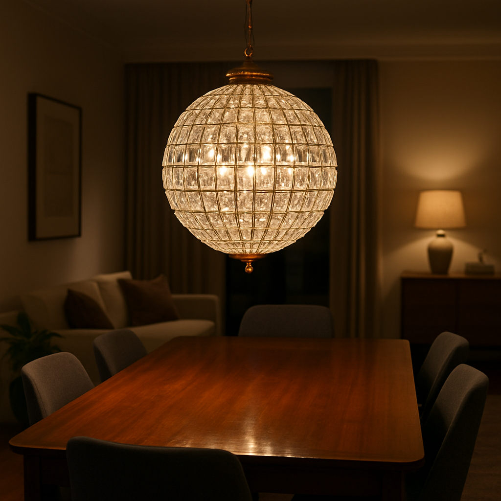 A luxurious living room featuring a classic crystal glass globe chandelier hanging above a polished wooden dining table, soft ambient lighting casting gentle reflections on the glass. Alt: Classic crystal glass globe chandelier lighting a modern dining room